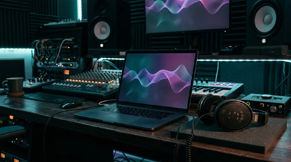 Pantalla de un generador de música con IA junto a auriculares de estudio